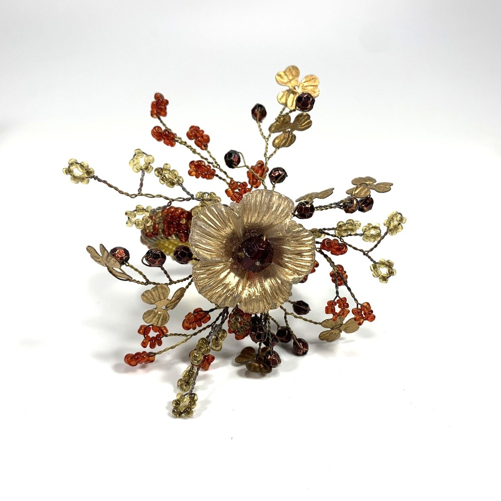 Vintage Pier 1 Napkin Rings Gold Tone Metal Floral Red & Gold Beaded -Set Of 8